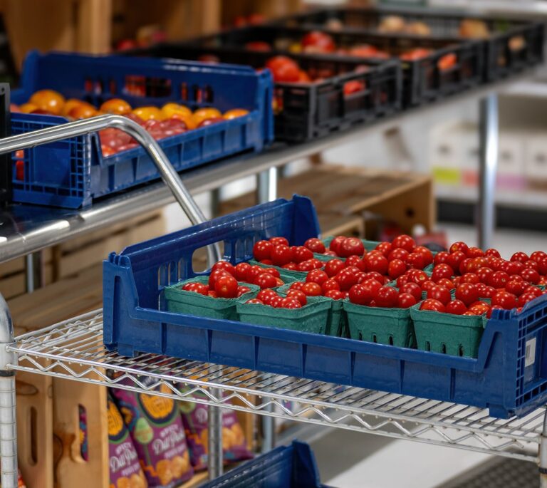 Blue crates with small red tomatoes on a metal shelf in a grocery store or market setting.