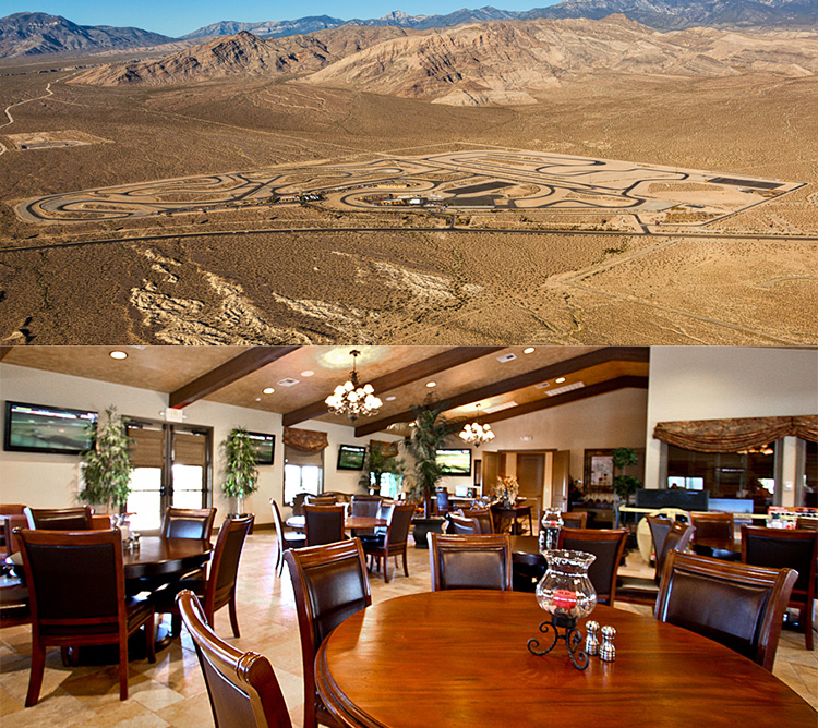 Aerial view of a desert racetrack above a cozy dining area with wooden tables and chairs.