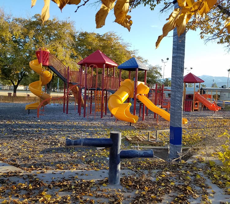 Playground with yellow slides and red climbing structures surrounded by trees with autumn leaves.