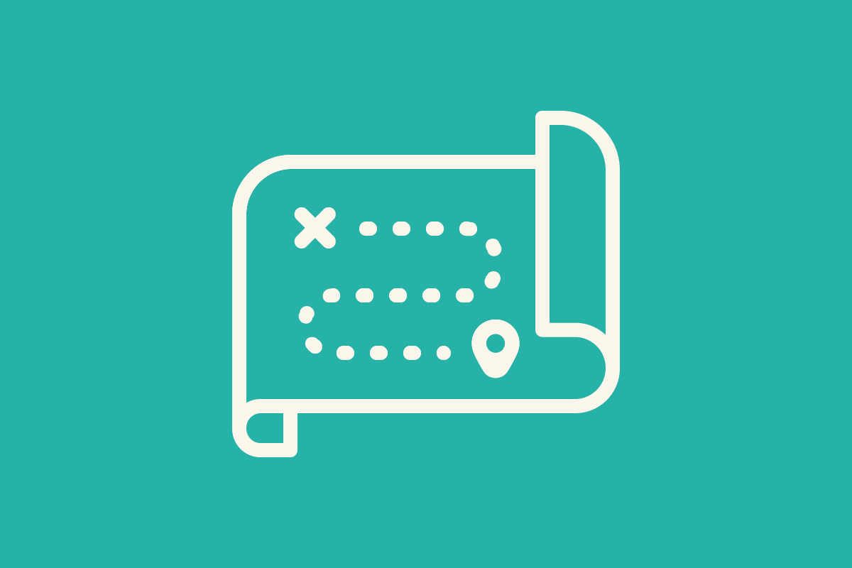 Simple map icon with a dotted path, an X mark, and a location pin on a teal background.