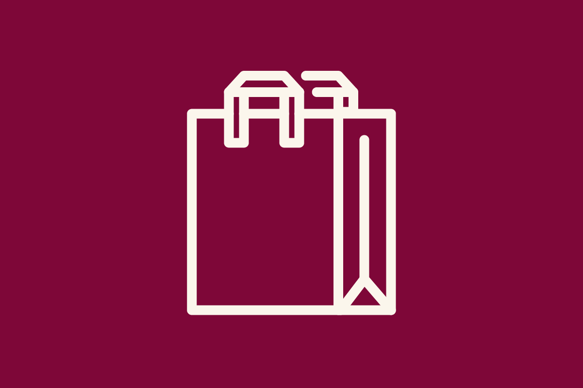 Simple line drawing of a shopping bag with handles on a burgundy background.