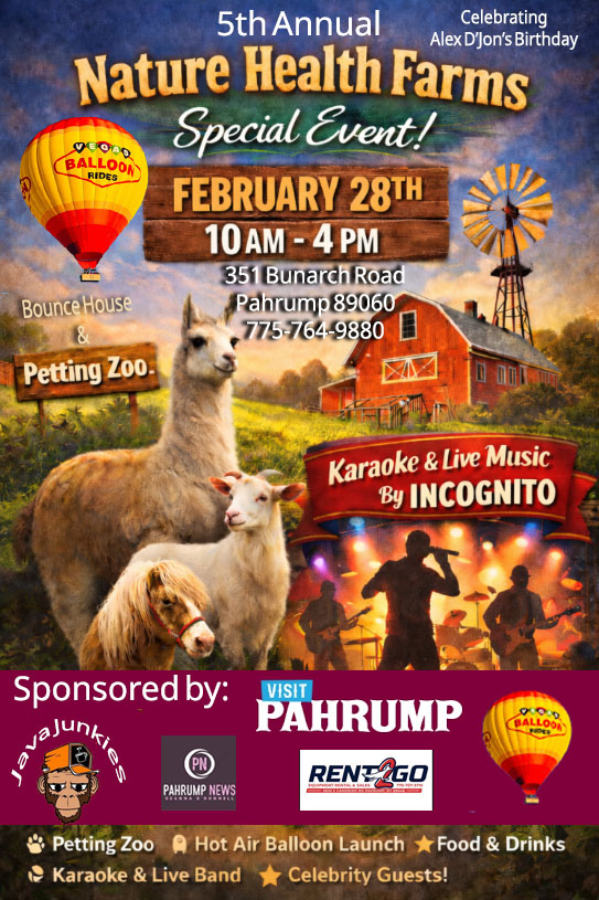 Colorful poster for Nature Health Farms event with llamas, a hot air balloon, and event details.