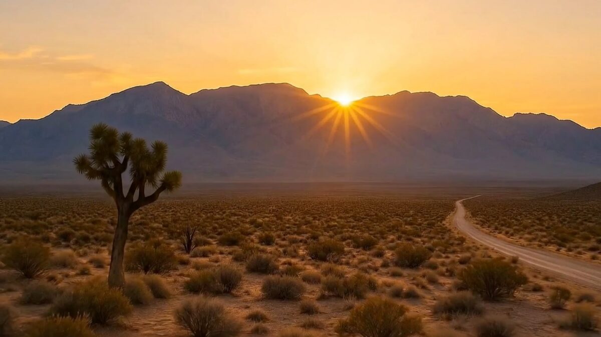 The sun rises over desert mountains, lighting a Joshua tree and a winding dirt road under a golden sky.