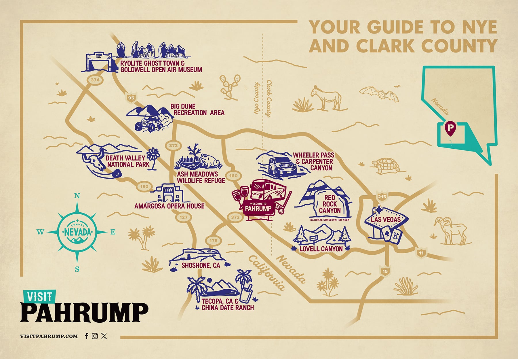 Illustrated map highlighting attractions in Nye and Clark County, Nevada, centered around Pahrump.
